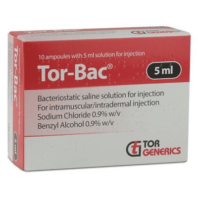 Tor-Bac 0.9% 5mL sterile saline ampoules (Pack of 10) supplied by haloiv for clinics and healthcare professionals. Suitable for dilution, reconstitution, and small-volume clinical applications. Available in wholesale quantities for professional medical use.